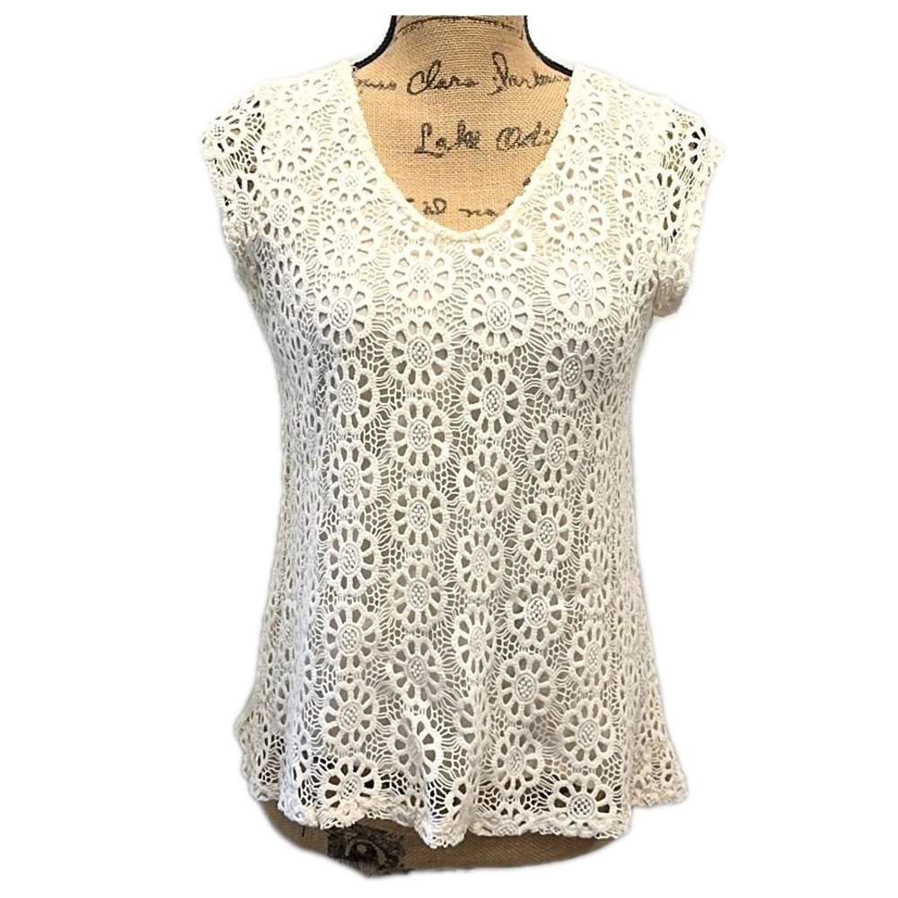 Design‎ History Cream Crochet Lace Top Sheer Open Back Cap Sleeve Y2K Boho sz S